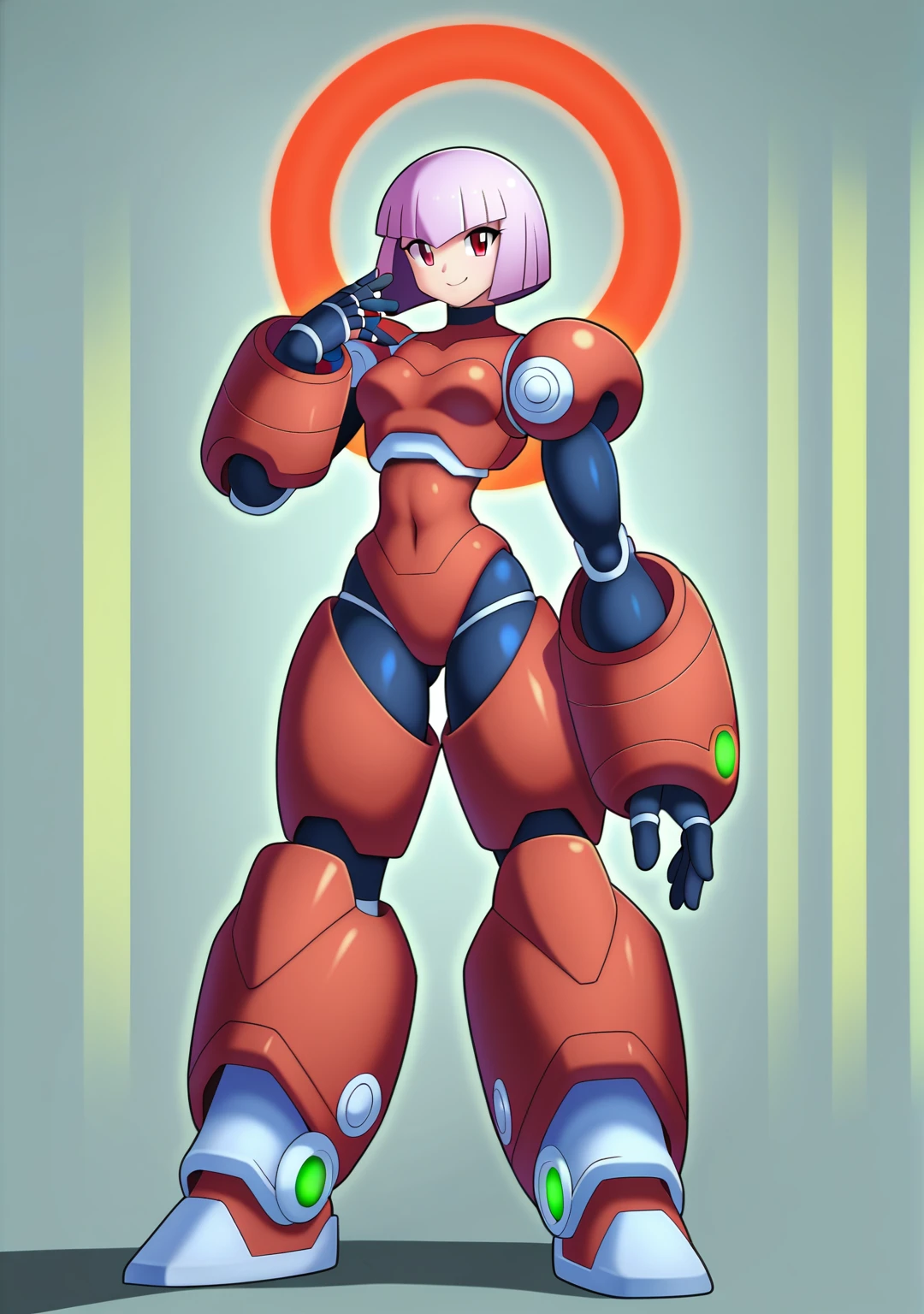 1in kinu-sensei artstyle, Kinu Nishimura style, muted pastel colors, This image depicts a unique, humanoid character that is a reploid, a type of robot from the Mega Man X series. The character's design combines futuristic and industrial elements. The head features a human-like face with lavender hair styled in a bob cut. The body is cylindrical and robust, predominantly white with red accents, including a prominent red circle on the chest. The arms and lower body are mechanical, featuring large, rounded components and grey, segmented joints. The legs are depicted as a single, wide base rather than separate limbs, giving a tank-like appearance. The character has a stationary and composed posture, suggesting strength and stability. The art style is reminiscent of the Mega Man series, with clear lines, simple color schemes, and a focus on functional design elements. **AI Art Prompts:** "Mega Man X reploid, humanoid robot, cylindrical body, lavender bob cut hair, white and red armor, mechanical arms and base, futuristic industrial design, composed posture, clear lines, functional design, vibrant colors", kinu-sensei artstyle,in kinu-sensei artstyle