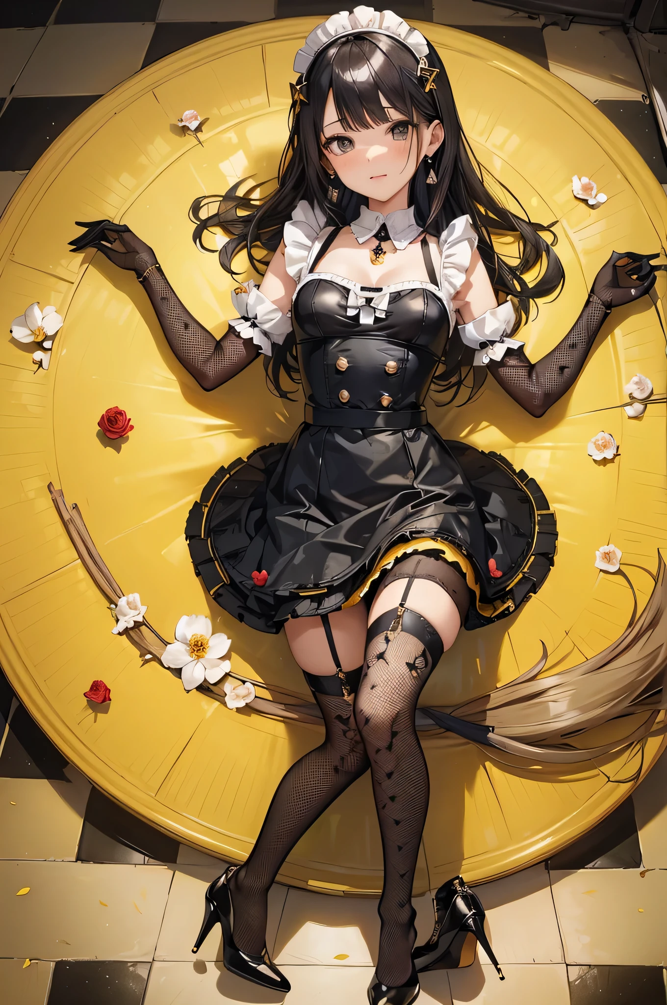 ((Biologically correct limb count)),(( From head to toe,Full-body photo including face)),4K,((Standing position)),masterpiece,((Focus on the face)),((Symmetrical facial features)),Eyes with detailed description,Beautiful woman,Great style,Beautiful arms,Beautiful legs,Beautiful Hands,(Small Ass,Thin thighs),Facial detailing,Small earrings,necklace,(Yellow enamel maid outfit、mini skirt((Black high heels,Black patterned stockings))),Realistic photo,Lying on the linoleum floor,Low angle photo,A little panchira,Rose petals are scattered all around、