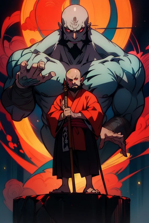 (man:1.5), (dwarf type beard, dark grey skin, changeling, monk, red eyes, bald), full body, Cinematic lighting, anime style, butterfly tattoo, monk pose, quarterstaff