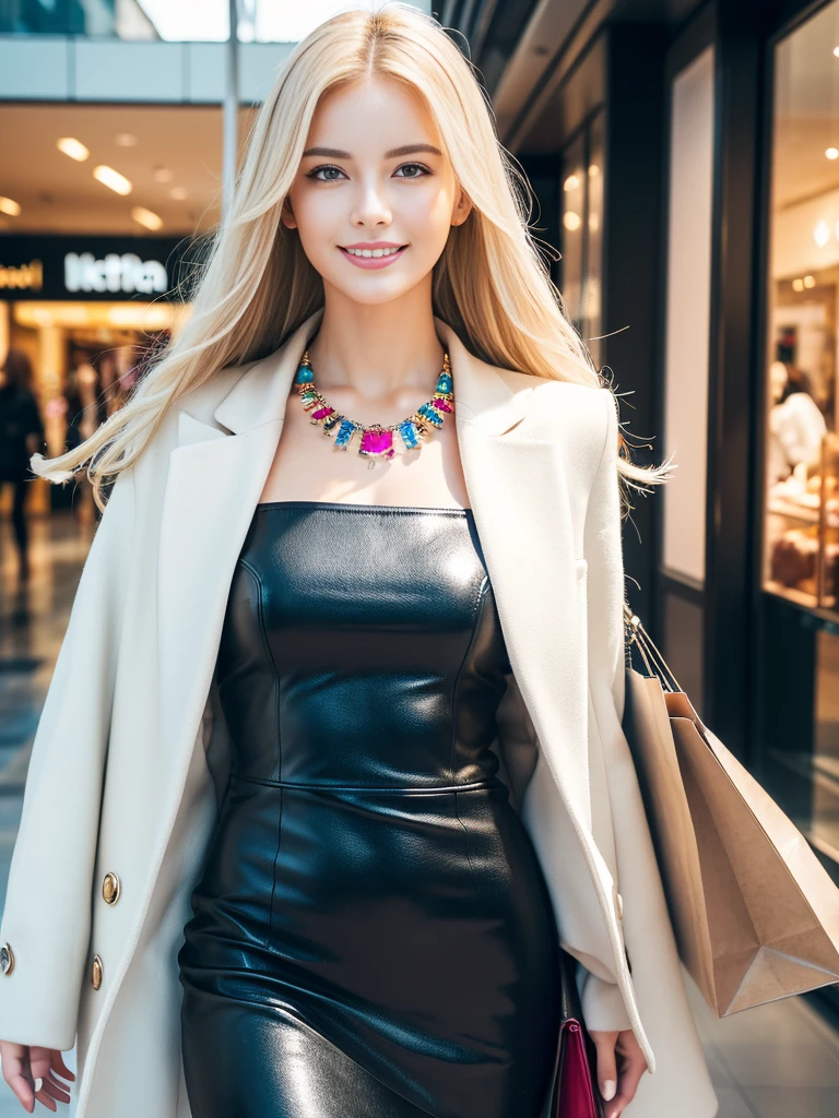 (masterpiece:1.4), (best quality:1.4), 4k, 8k, ultra high res, ultra high resolution, ultra detailed, ((detailed facial features)), HDR, (realistic, photorealistic, photo-realistic:1.37), closeup, sexy seductive Swedish model, (happy smile), (small breasts), (slim girl), long lashes, ultra detailed makeup, defined eyebrows, platinum blonde hair, fair skin, elegant posture, wearing large sparkling colorful jewelry, wearing a business style leather dress, standing in a large shopping mall, gentle sunlight shining through the shopping mall windows, casting a soft glow on her face, adding warmth to the scene, vibrant colors, capturing the essence of vibrant city life, portrait style, showcasing her natural beauty and grace in a feminine way