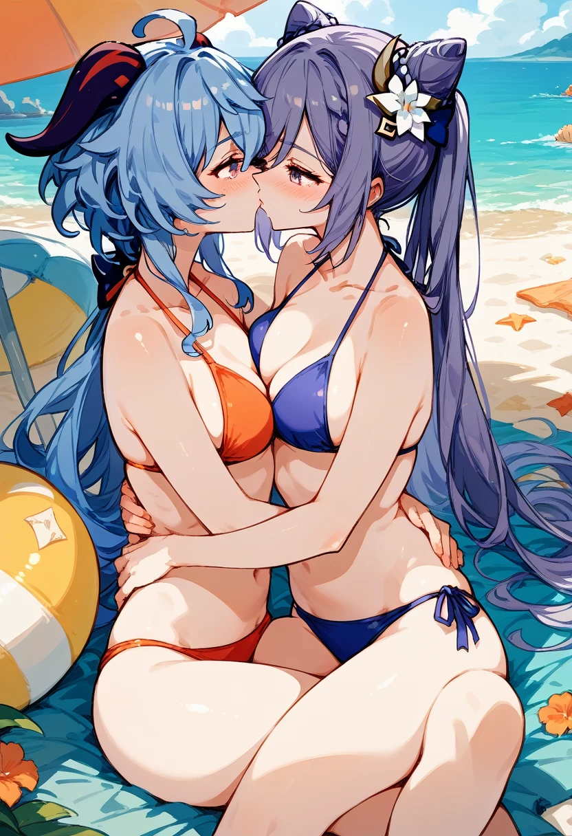 Genshin impact, 2 women, Yuri, purple hair keqing, ganyu, looking at each other, romantic kiss, blushing, bikini, beach, NSFW, ecchi 