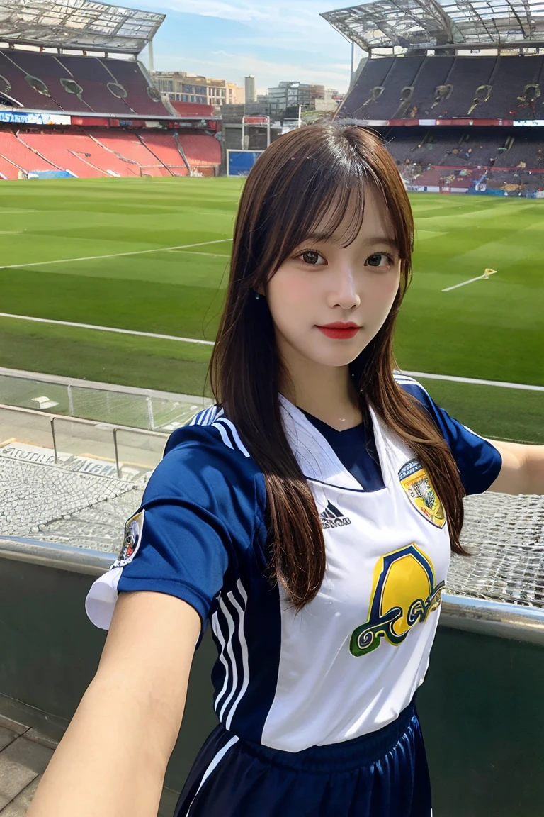wearing a soccer jersey, long skirt, and heading to watch a soccer match, highly detailed, photorealistic, (selfie:1.5),stadium in the background, vibrant colors