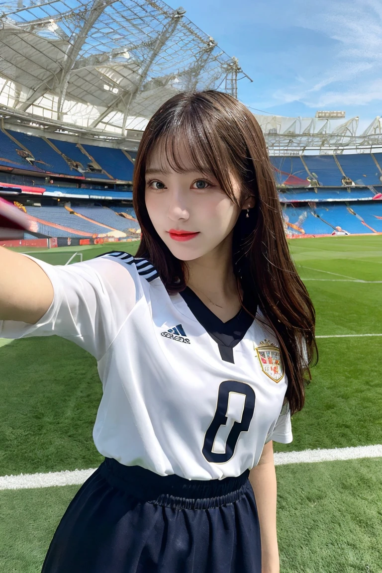 wearing a soccer jersey, long skirt, and heading to watch a soccer match, highly detailed, photorealistic, (selfie:1.5),stadium in the background, vibrant colors