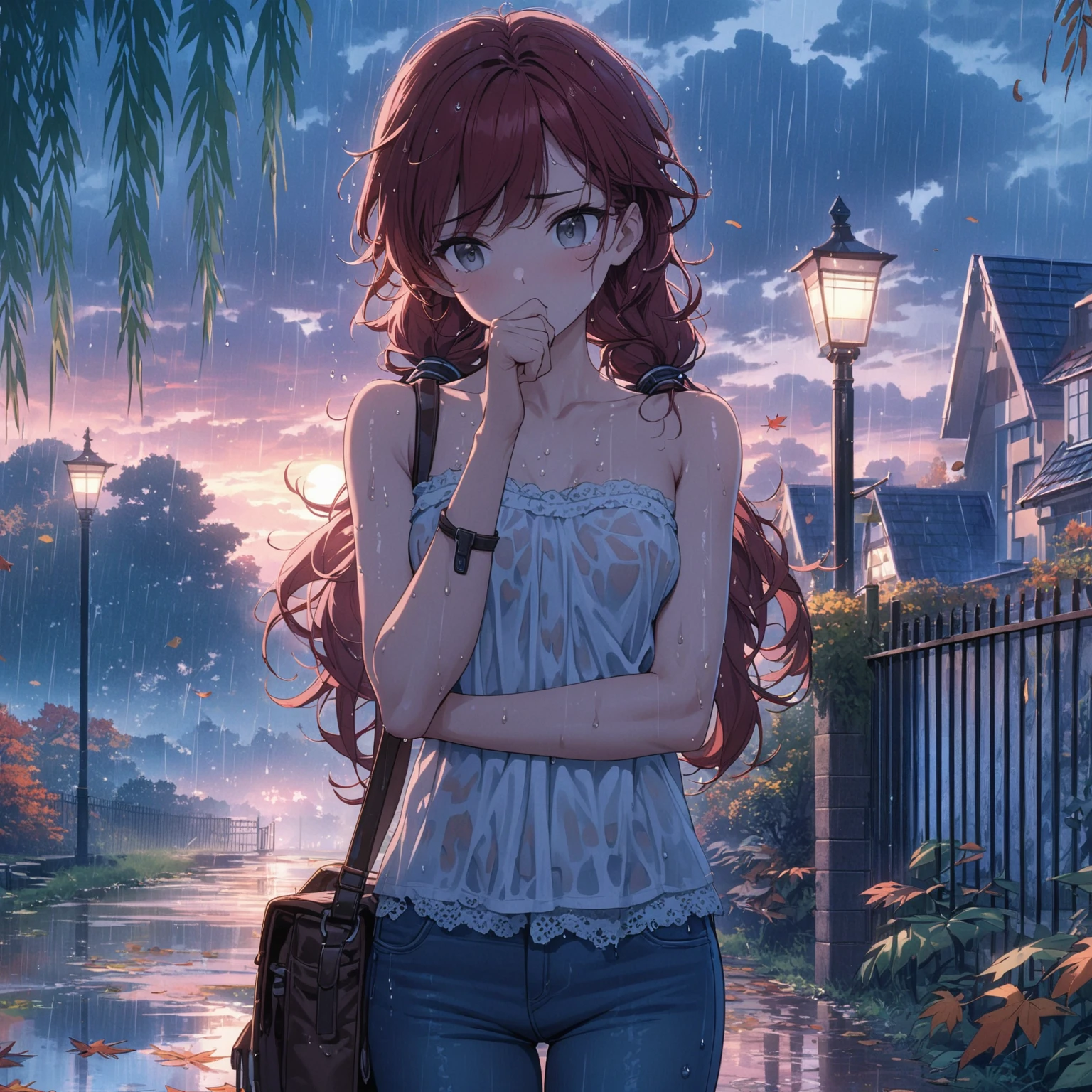 Best quality, masterpiece, close up, stoic young woman with gray eyes, dark red hair in low twin tails, swept bangs, thinking pose, strapless white shirt, jeans, satchel, toned arms, small breasts, rain, wet clothes, wet skin, creek, outdoors, autumn, sunrise, tropical, clouds,teal buildings, white steps, fence, road, people in background, falling leaves,