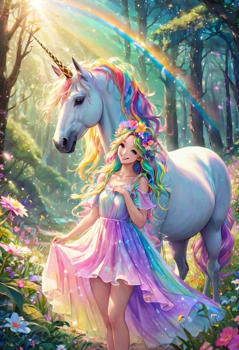 A beautiful fairy playing with a unicorn in the forest, he is wearing a beautiful flower crown, delicate particles of light, colorful pastel flowers, plants, smile, happiness, pastel colored dress, wrapped in rainbow light, fine grains of light, fairy long waves A mysterious world with hair blowing in the wind, You can see a beautiful beach in the distance, the gradation of the evening sky