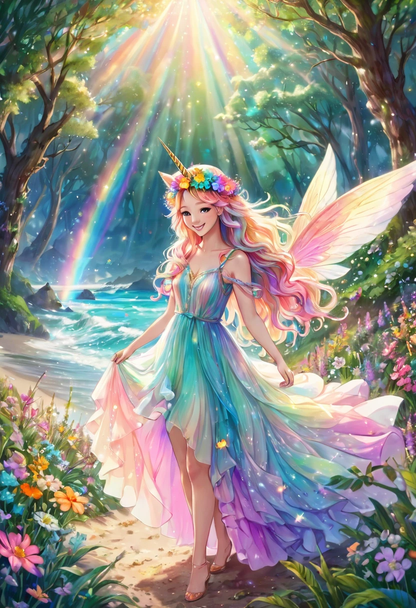 A beautiful fairy playing with a unicorn in the forest, he is wearing a beautiful flower crown, delicate particles of light, colorful pastel flowers, plants, smile, happiness, pastel colored dress, wrapped in rainbow light, fine grains of light, fairy long waves A mysterious world with hair blowing in the wind, You can see a beautiful beach in the distance, the gradation of the evening sky