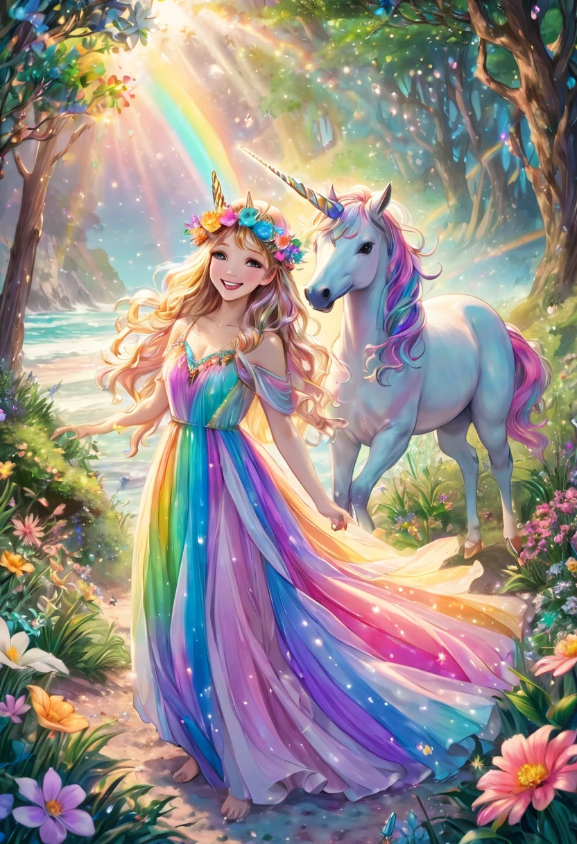 A beautiful fairy playing with a unicorn in the forest, he is wearing a beautiful flower crown, delicate particles of light, colorful pastel flowers, plants, smile, happiness, pastel colored dress, wrapped in rainbow light, fine grains of light, fairy long waves A mysterious world with hair blowing in the wind, You can see a beautiful beach in the distance, the gradation of the evening sky