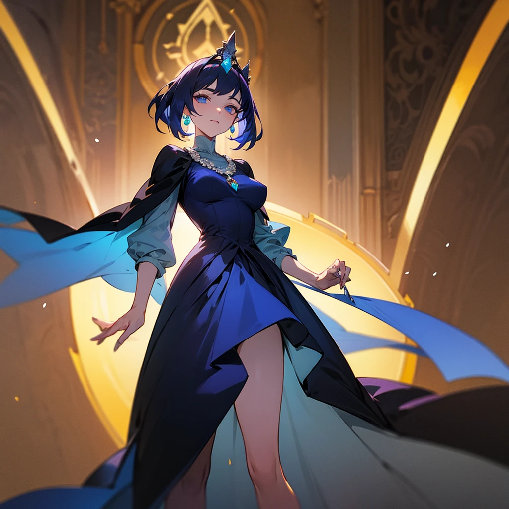 high resolution、A mature and elegant princess。Princess of the Land of the Lustrous。Princess of the Tanzanite Kingdom、tiara with tanzanite、Gorgeous Tanzanite Necklace、She wears a richly decorated blue and purple dress。like medieval europe、Fantasy。The overall image is blue and purple.。beautiful。