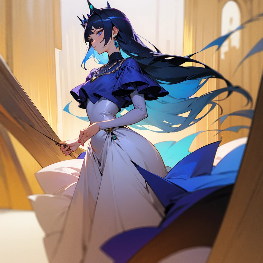 high resolution、A mature and elegant princess。Princess of the Land of the Lustrous。Princess of the Tanzanite Kingdom、tiara with tanzanite、Gorgeous Tanzanite Necklace、She wears a richly decorated blue and purple dress。like medieval europe、Fantasy。The overall image is blue and purple.。beautiful。