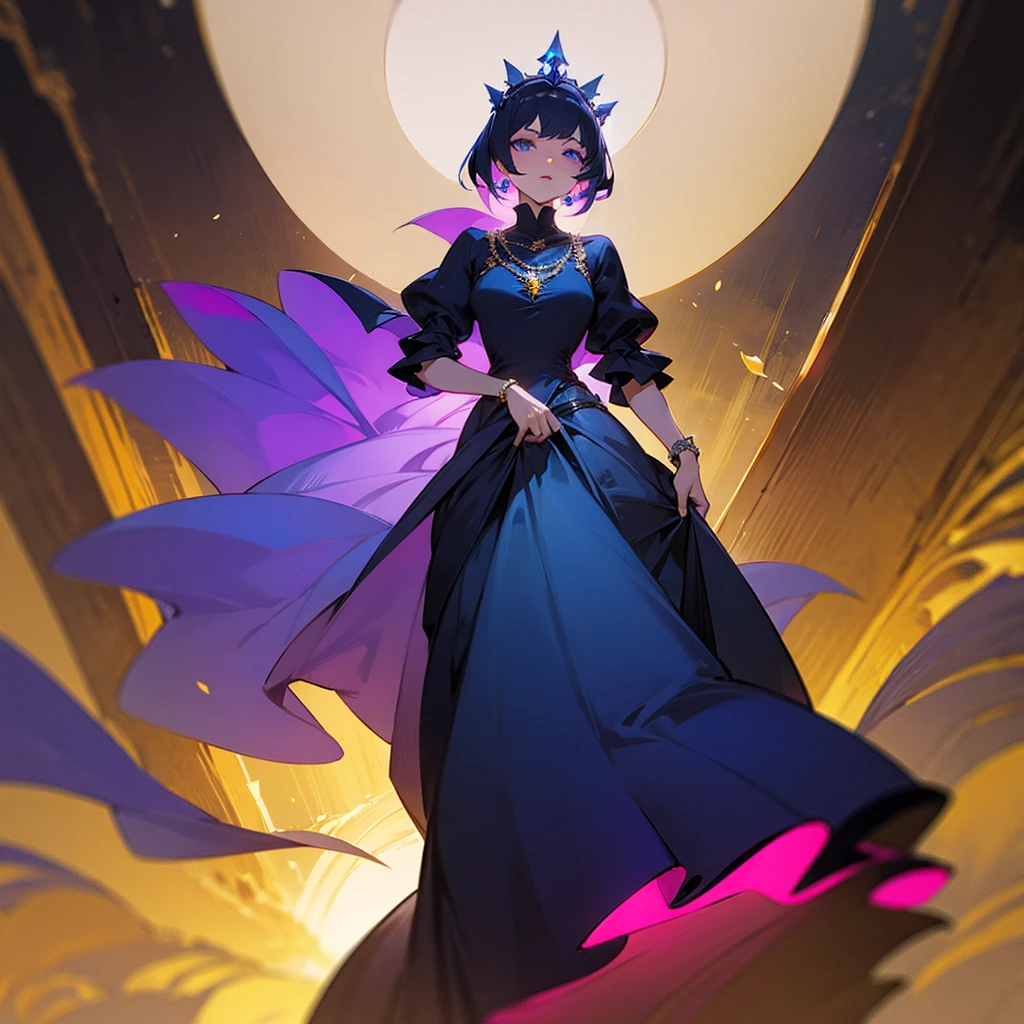 high resolution、A mature and elegant princess。Princess of the Land of the Lustrous。Princess of the Tanzanite Kingdom、tiara with tanzanite、Gorgeous Tanzanite Necklace、She wears a richly decorated blue and purple dress。like medieval europe、Fantasy。The overall image is blue and purple.。beautiful。