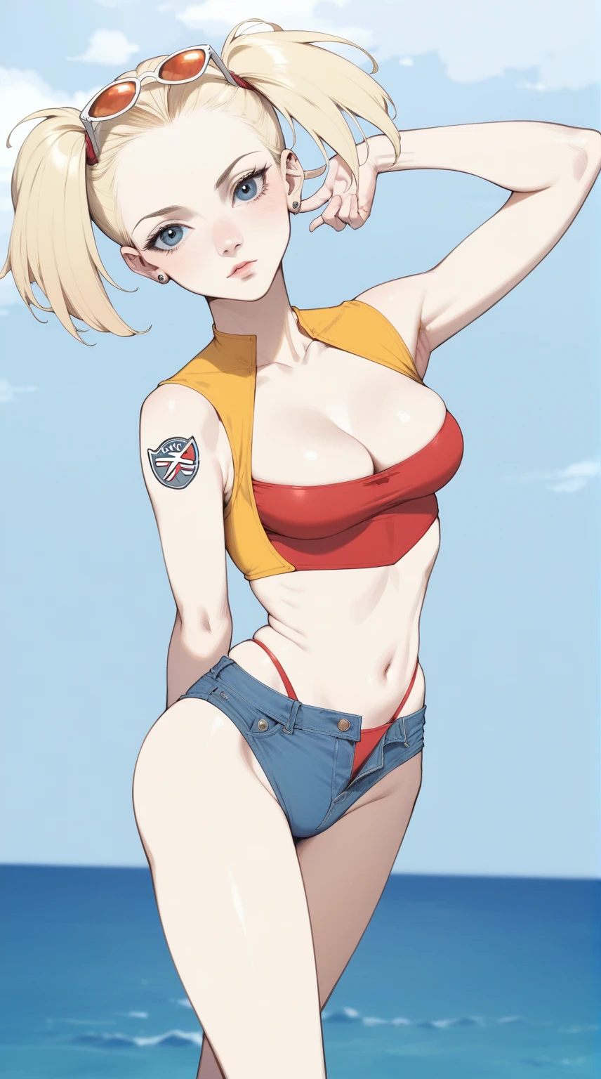 blond haired woman in a bikini and sunglasses standing on the beach, misty from pokemon, full body:: sunny weather::, full body portrait of a short!, overwatch tracer in a bikini, is wearing a swimsuit, realistic bikini, female protagonist 👀 :8, android 18, swimsuit, commission for high res, high quality fanart, at the beach, faye valentine