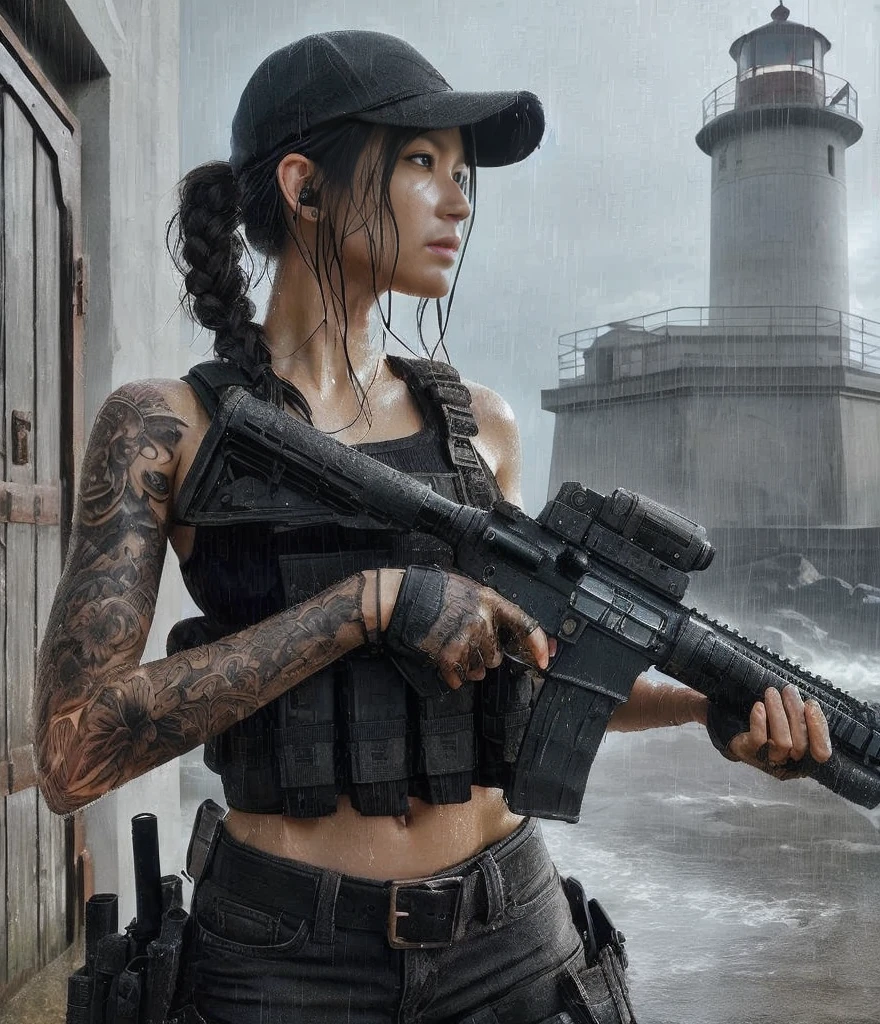 (Best quality, 8k, realistic, realistic photo: 1.2), realistic skin texture, handsome American Marine Corps-Asian Navy member, assault rifle, assault team, lighthouse on a cliff overlooking the bay, break in, hat, braided hair, military pants, boots, dynamic pose, tattoo, epic tattoo, soaked with heavy rain, rain shower, face, firm body, muscle, anger, brave composition, portrait, cool tone, amazing light