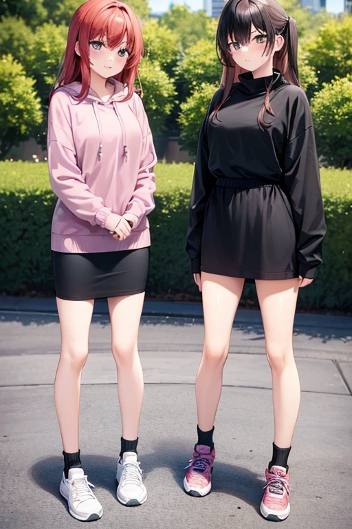 2girl, two beautiful women, wearing hoodie, black midi pencil skirt, long tight skirt, sneakers, socks, outdoors, garden, summer, long dark hair, looking at viewer, full body, blush