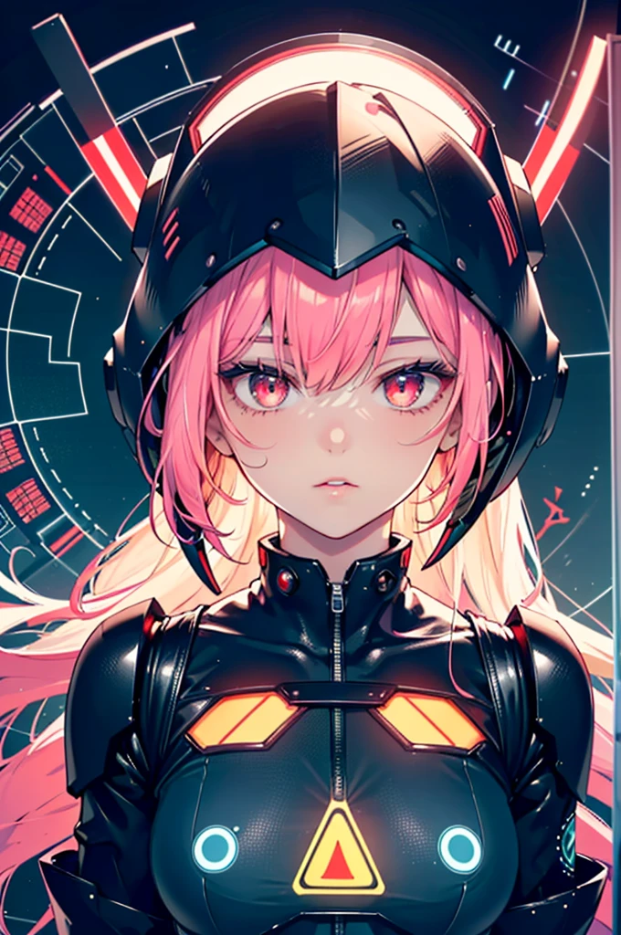 Semi-realistic 2d illustration of an android girl with a full face helmet and a mechanical bodysuit with partially fluorescent pink glowing hair. The LCD on the entire surface of the full-face mask is translucent and transparent, revealing a glowing red infographic that glows in infrared light and a map display of radar sensors (an enemy ship-tracking radar with several red arrow-like triangular shapes scattered over a circular map). Cyber, psychedelic neon, futuristic, bio-inspired design, exoskeletons. The background is all black. Close-up.