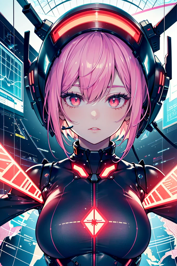 Semi-realistic 2d illustration of an android girl with a full face helmet and a mechanical bodysuit with partially fluorescent pink glowing hair. The LCD on the entire surface of the full-face mask is translucent and transparent, revealing a glowing red infographic that glows in infrared light and a map display of radar sensors (an enemy ship-tracking radar with several red arrow-like triangular shapes scattered over a circular map). Cyber, psychedelic neon, futuristic, bio-inspired design, exoskeletons. The background is all black. Close-up.