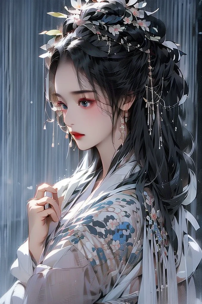 Black Hair, Immortal Cultivation, Royal sister, White Robe, hime cut, hair scrunchie, Romanticism, Gothic art, ray tracing, cinematic lighting, first-person view, Sony FE GM, anatomically correct, masterpiece