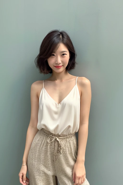 lens: 135mm f1.8,(Highest quality),(Tabletop:1.1), (Cute 35 year old Japanese woman),  (Moist lips), Narrow eyes, double eyelid,Delicate clavicle,Flat Chest,Mr.々Hairstyle、,
 (Let me me&#39;Let me&#39;Let&#39;s take another look),  shame, A faint smile, Professional Lighting, 
(Cool, casual summer clothes), (Sunburned skin:0.2),Full body photo、Full Body Focus、Stand upright in front of a white wall、A neat and elegant woman、No makeup、A beautiful woman who still retains her cuteness