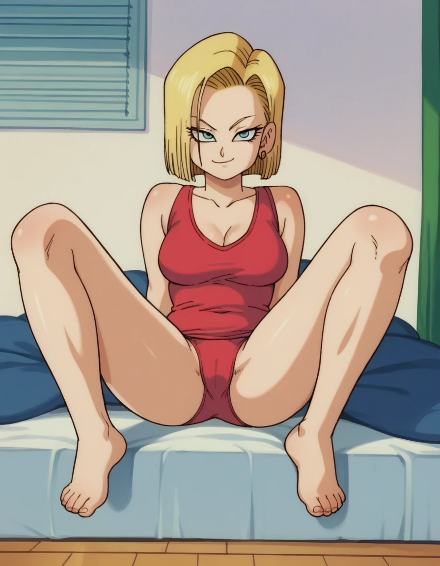 zPDXL, score_9, score_8_up, score_7_up, source_anime,
1girl, solo, drgbls1, android 18 naked, smug, bedroom, legs spread apart 