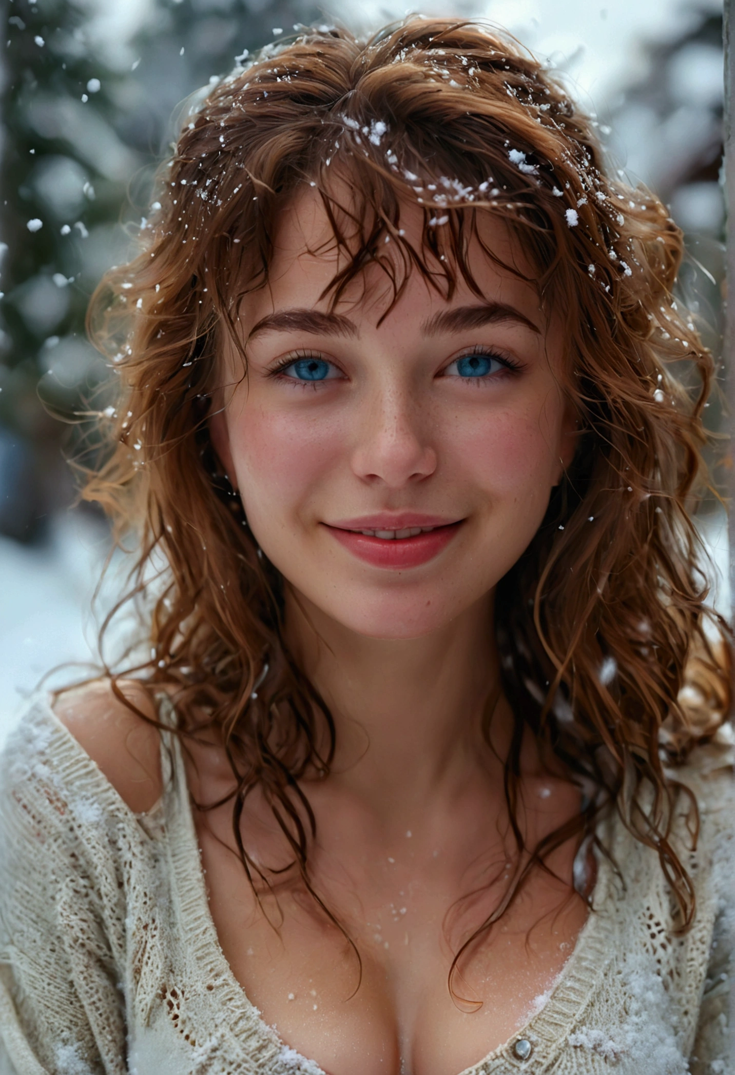 RAW, analog, Nikon Z 85mm,((best quality)), ((masterpiece)), ((realistic)),vintage image, gorgeous French woman, 18+ year old, posing in snow ( pov : show ass, show cleavage, seducing smile), big smile with teeth showing, (freckles:0.6), intricate details, highly detailed, sharp focus, professional, 4k, god rays, hand model, stunning blue eyes, , highres, detailed facial features, high detail, sharp focus, smooth, extremely detailed, photo_\(ultra\), photorealistic, realistic, post-processing, max detail, roughness, real life, ultra realistic, photorealism, 8k uhd, SEMI-SILHOUETTE light, russian face, wet, wet hair, sexy erotic women , big full breast, roundy perfect hips, hourglass figure, big glutes, wearing shorts and top with sweater.