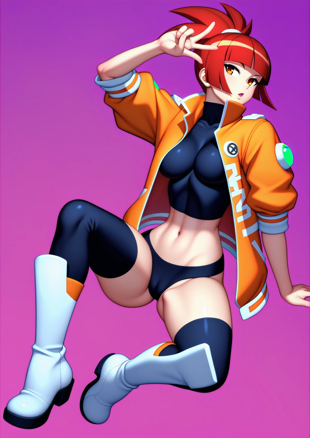 1in kinu-sensei artstyle, Kinu Nishimura style, muted pastel colors, large ass, 1girl, curvaceous figure, medium breasts, short hair, solo reploid, hime cut, IThis image features a Reploid, a humanoid robot from the Mega Man X series, with a vibrant and dynamic design. The character has long, flowing cyan hair tied into a high ponytail, giving a lively and energetic appearance. She wears an orange jacket with red accents, purple form-fitting pants, and white boots with orange details. The jacket has a high collar and is equipped with utility pouches, emphasizing her readiness and utility. Her pose is confident, with one hand forming a peace sign and the other resting on her waist, showcasing her playful and determined personality. The background includes pink and white graphic elements, enhancing the futuristic and energetic feel of the artwork. The art style is reminiscent of anime, featuring clean lines, exaggerated features, and vibrant colors, which emphasize the character's agility, youthfulness, and high-energy attitude, kinu-sensei artstyle,in kinu-sensei artstyle