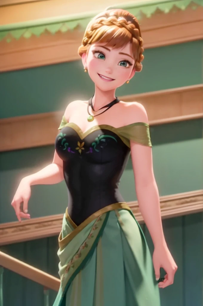 (masterpiece:1.4), (best qualit:1.4), (high resolution:1.4),
anna of arendelle, bare shoulder, black bodice, green skirt, necklace, updo,
indoors, ballroom,
looking at viewer, smile,