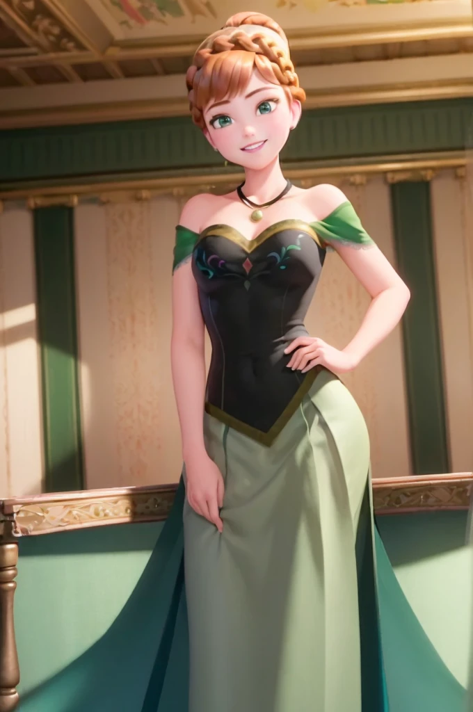 (masterpiece:1.4), (best qualit:1.4), (high resolution:1.4),
anna of arendelle, bare shoulder, black bodice, green skirt, necklace, updo,
indoors, ballroom,
looking at viewer, smile,