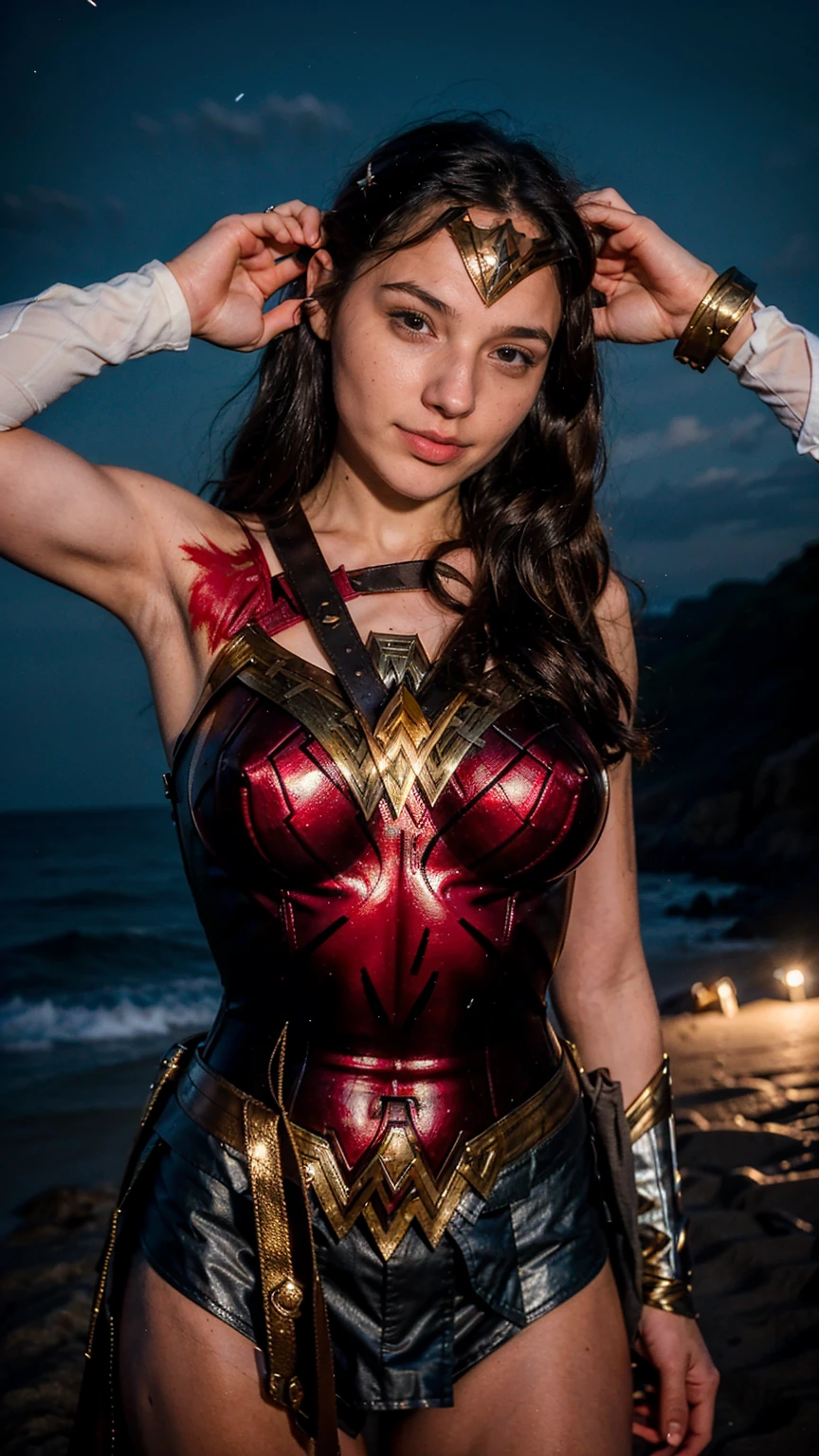 ((masterpiece), (solo character), (photorealistic:1.4), ),(best quality), (epiCRealLife), (g4lg), (Gal Godot with large breasts), (g4lg show cleavages), (Gal Godot in wonder woman costume), (lora:epiCFlashPhoto),(flashphoto), (flash photography) (look at viewers), (at night), (night time),, (photoshoot), (wonder woman theme), (on a beach), (close up cowboy shots), (light smile),