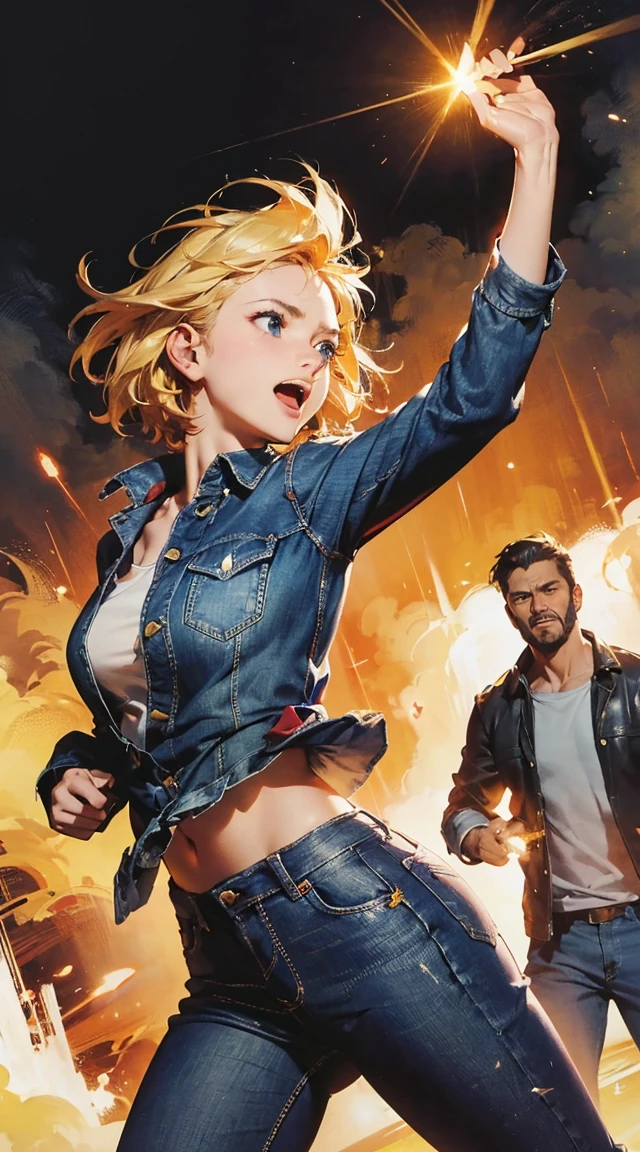 (8k, RAW photo, best quality, masterpiece:1.2),    RanmaChan, RanmaRedShirt, (SFW)Similar arts John Buscema(((1 rapariga, fluffy, denim jackets, White blouses, jeans, key money, Loire, short-haired, bobhair, Parting hair to the side, blue eyes))), (((blonde  hair))), dynamicposes, Manga style , Depict a group of characters in different action scenes, from intense battles to joyous moments, with dramatic lines of speed and bold sound effects, capturing the excitement and energy of the story, palm laser beams, Attack forward with the palm of your hand, Yellowstone Park, Grand Canyon,