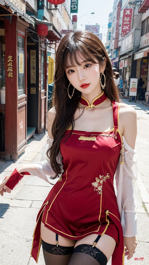 k40hu,, 8k, hd,, k40hu, masterpiece, best quality, Asian, 1girl, slender, brown eyes, seductive look, outdoor, China Town, solo, hoop earrings,
wearing a qipao with thigh highs,