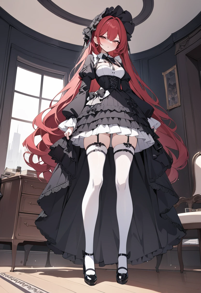 Masterpiece, absurdness, high detailed, red hair, gothic lolita, full body, standing, white thighhighs,