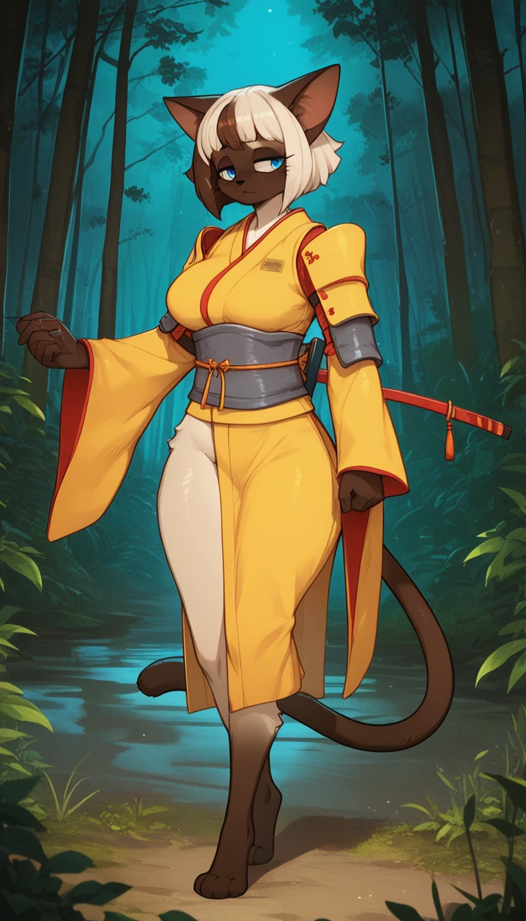 Half-closed eyes, tired expression, 1girl, anthro, furry, fur, fluffy fur, siamese cat, cat girl, japanese forest background, white hair (brown highlights), blue eyes, short hair, full body, (19 years), big breast, thicc thighs, solo, (japanese forest), half-closed eyes, detailed, shy, night, (yellow samurai armor), (holding katanas in both hands), score_9, score_8_up, score_7_up, score_6_up, score_5_up, score_4_up