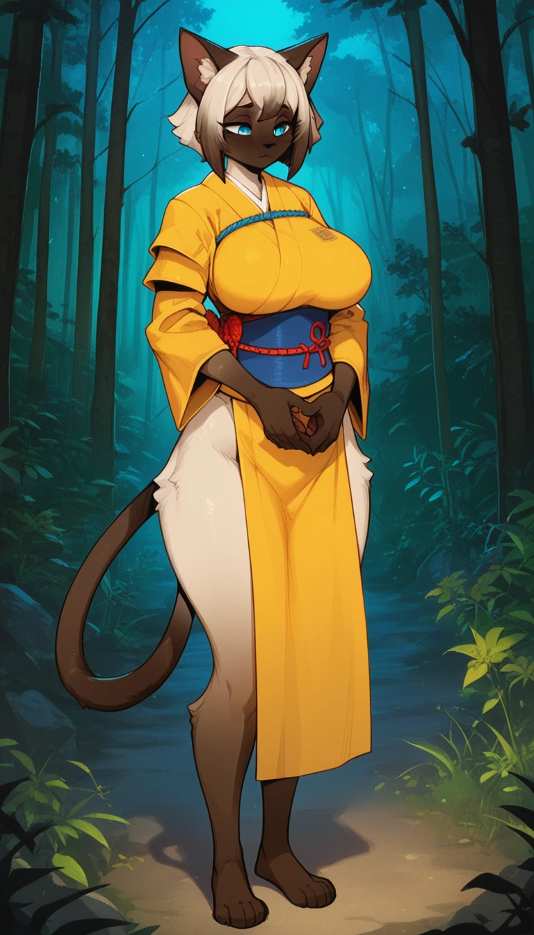 Half-closed eyes, tired expression, 1girl, anthro, furry, fur, fluffy fur, siamese cat, cat girl, japanese forest background, white hair (brown highlights), blue eyes, short hair, full body, (19 years), big breast, thicc thighs, solo, (japanese forest), half-closed eyes, detailed, shy, night, (yellow samurai armor), (holding katanas in both hands), score_9, score_8_up, score_7_up, score_6_up, score_5_up, score_4_up
