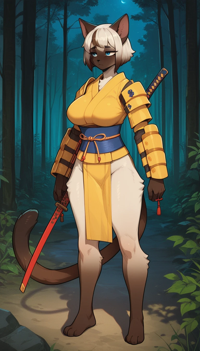 Half-closed eyes, tired expression, 1girl, anthro, furry, fur, fluffy fur, siamese cat, cat girl, japanese forest background, white hair (brown highlights), blue eyes, short hair, full body, (19 years), big breast, thicc thighs, solo, (japanese forest), half-closed eyes, detailed, shy, night, (yellow samurai armor), (holding katanas in both hands), score_9, score_8_up, score_7_up, score_6_up, score_5_up, score_4_up