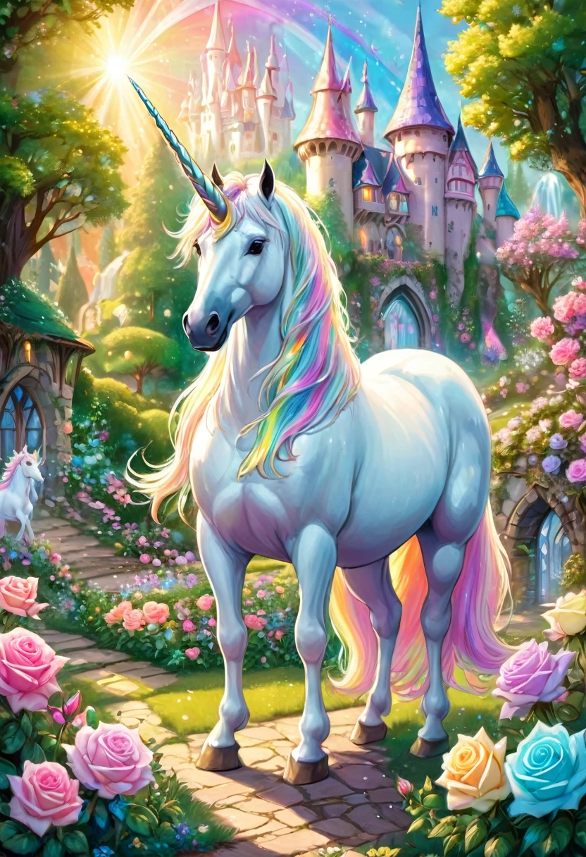A white unicorn in the beautiful garden, a transparent spring in a beautiful forest, pastel-colored roses blooming around it, pastel-colored rainbow light, a mysterious world, fine grains of light. , The Dwarfs Smile and Dance, The Little House of the Dwarfs, gorgeous castle