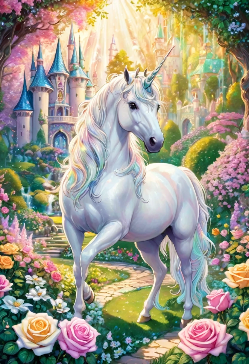 A white unicorn in the beautiful garden, a transparent spring in a beautiful forest, pastel-colored roses blooming around it, pastel-colored rainbow light, a mysterious world, fine grains of light. , The Dwarfs Smile and Dance, The Little House of the Dwarfs, gorgeous castle