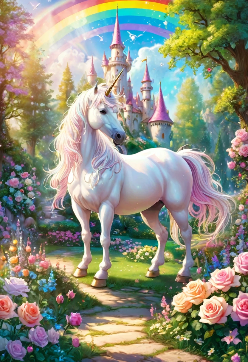 A white unicorn in the beautiful garden, a transparent spring in a beautiful forest, pastel-colored roses blooming around it, pastel-colored rainbow light, a mysterious world, fine grains of light. , The Dwarfs Smile and Dance, The Little House of the Dwarfs, gorgeous castle