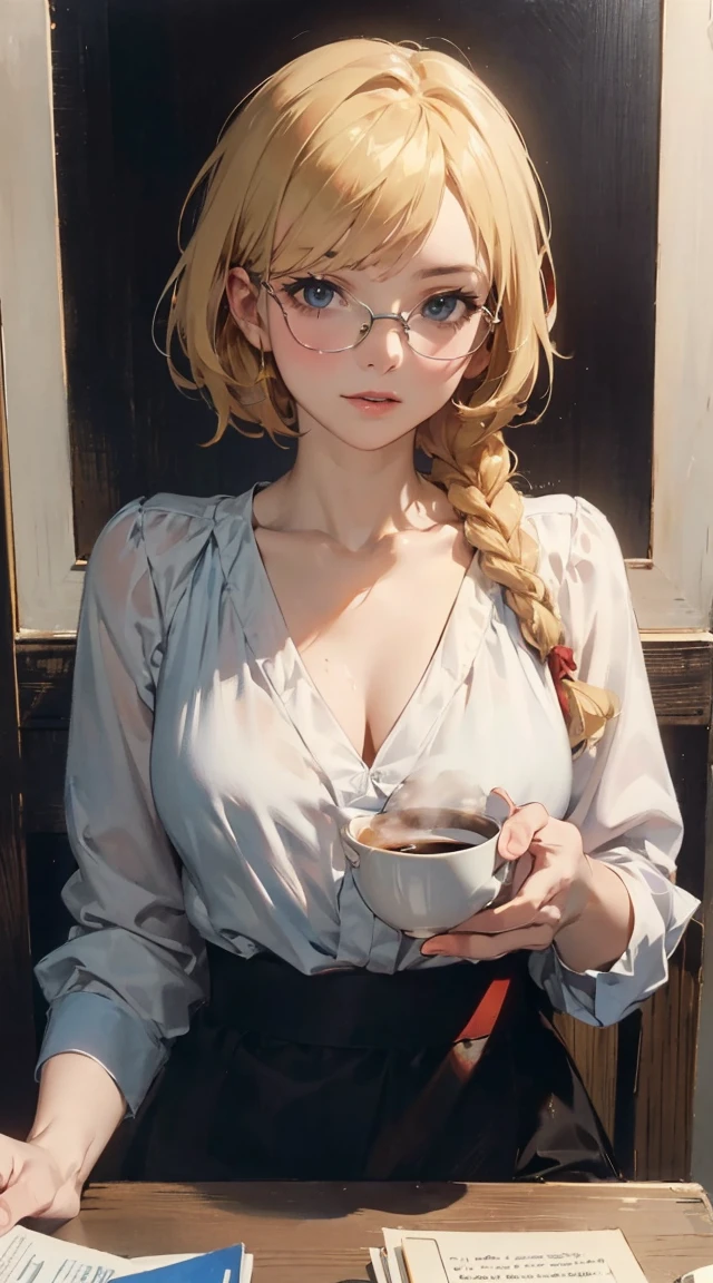 (8k, RAW photo, best quality, masterpiece:1.2),    RanmaChan, RanmaRedShirt, ((best quality)), ((master part)), (circunstanciado), rosto perfeito, garota de anime, loira, eyeglass, lendo livro, sipping coffee, braided low-cut blouse,