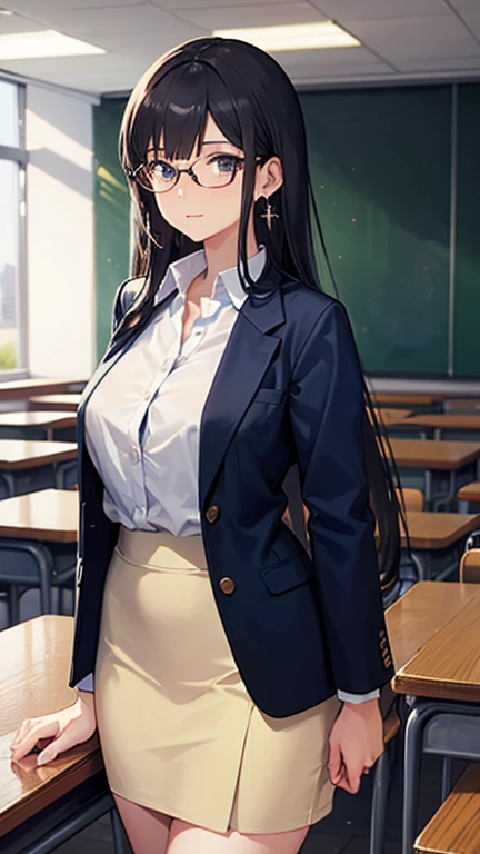 Black Hair, bangs, Hair behind the ear, Very long hair, jewelry, Earrings, masterpiece, Textured skin, Attention to detail, Highest quality, Adult female, High School Teacher, Wearing a jacket, Dark blue suit, White blouse, Black tight skirt, Mature Woman, Good figure, Standing alone in the classroom, in class, Glasses, Anime Style