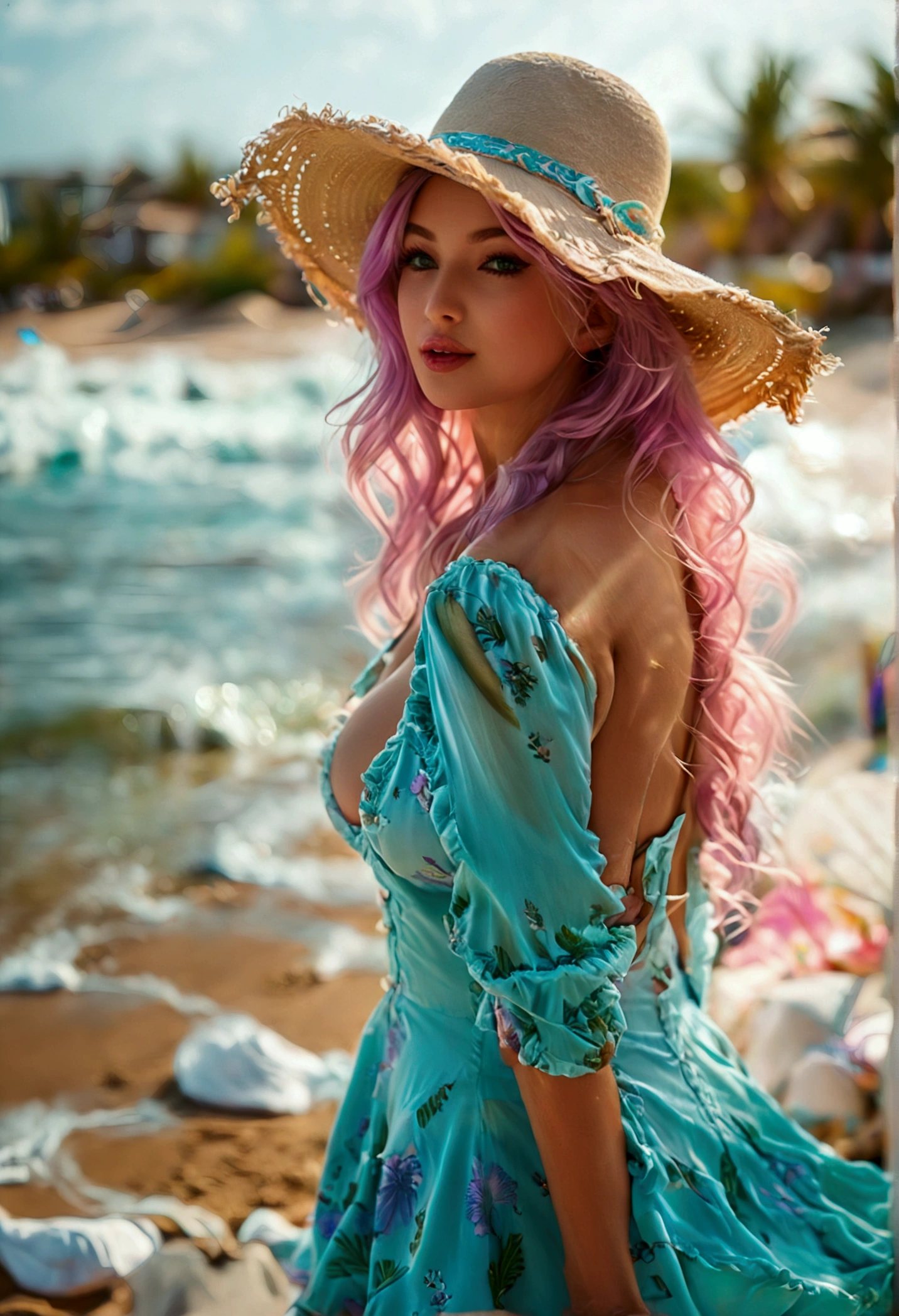 (((sim miko))), beautiful woman with pink hair and small hat, standing on the by the sea, sandy by the sea, turquoise waves, palm trees gently swaying, (((dynamic lighting))), warm breeze, swirly vibrant colors, flowing dress, ethereal atmosphere, (((smug face))), he used to smile, confident pose, glare eyes, shells scattered in the sand, atmosfera tranquila, atmosfera tranquila, soft golden light, sun-kissed skin, peaceful serenity, gentle sound of waves crashing, distant seagulls, relaxed and carefree, magical charm, Surreal beauty, captivating presence, seductive aura, mystical vibrations, charming scenery, paradisiacal scenery, Dream Escape. (best quality,4K,8K,high resolution,artwork:1.2),ultra details,(realisitic,photorealisitic,photo-realisitic:1.37),hdr,ultra HD,studio lighting,ultra-fine painting,sharp focus,Physically based rendering,Extremely detailed description,proffesional,bright coloured,bokeh,portraits,by the sea,paisaje., (((No collar))), (((breast out))), (((thick-thighs, Full Medium Plan))), (((Depth of field))), (((purples eyes))), (((pose sexy))), (((Depth of field:1.5))), (((big breast out))), (((thick-thighs))), (Depth of field:1.8), (((big firm breast out))), (((white swimsuit))), (((firm breast out: 1.5))), (((make illuminated))), (((slingshot swimsuit))), (((thick-thighs))), (((big breast out))), (((seeing from below: 1.3))), (((very large massive breast out))), (((massive breast out, Full Medium Plan)))
(((Kale)))