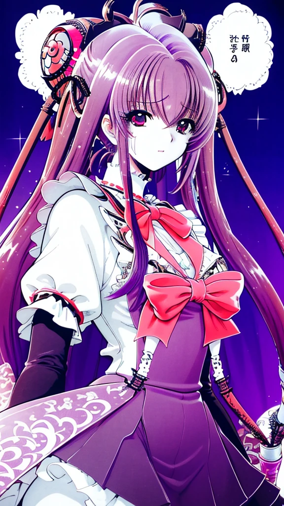 ultra-detailed、high resolution、extremely detailed CG、unity 8k wallpaper、official art、super detailed skin、perfect anatomy、cinematic lighting、beautiful detailed eyes、depth of field、ideal ratio body proportions、

anime colored、kyoto animation、(Hair is purple、White skin、Eyes are pale red)、(Gothic ****ta outfit:1.4)