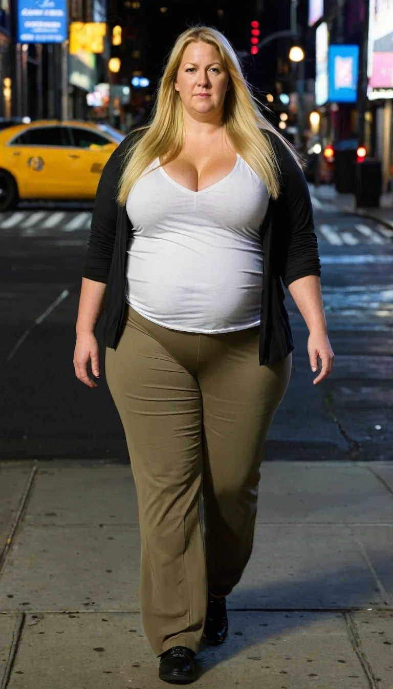 Fat woman, 40 years old white Caucasian woman walking outside, new York City, night time, long straight blonde hair, serious, chubby, bbw, casual, daily, tshirt and pants, cleavage, thick thigh