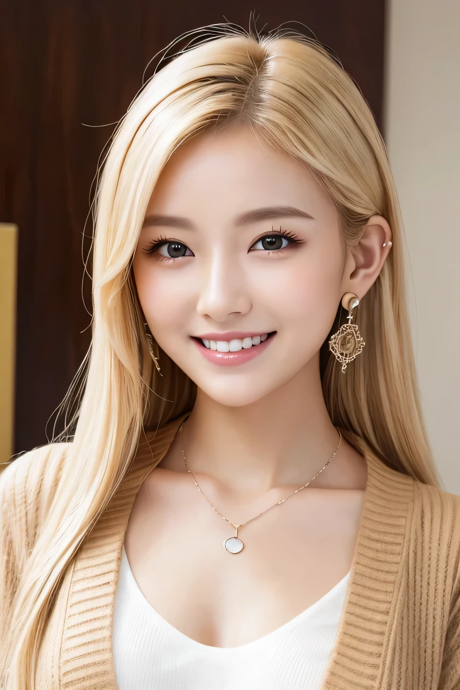 blonde、Clear Beauty、hairstyle semi long、ear piercing、Necklace around the neck、Put a cardigan over your shoulders、blouse、smile、Beautiful teeth alignment、Intricate details, Very detailed:1.2), 、 Looking into the camera、The background is the office