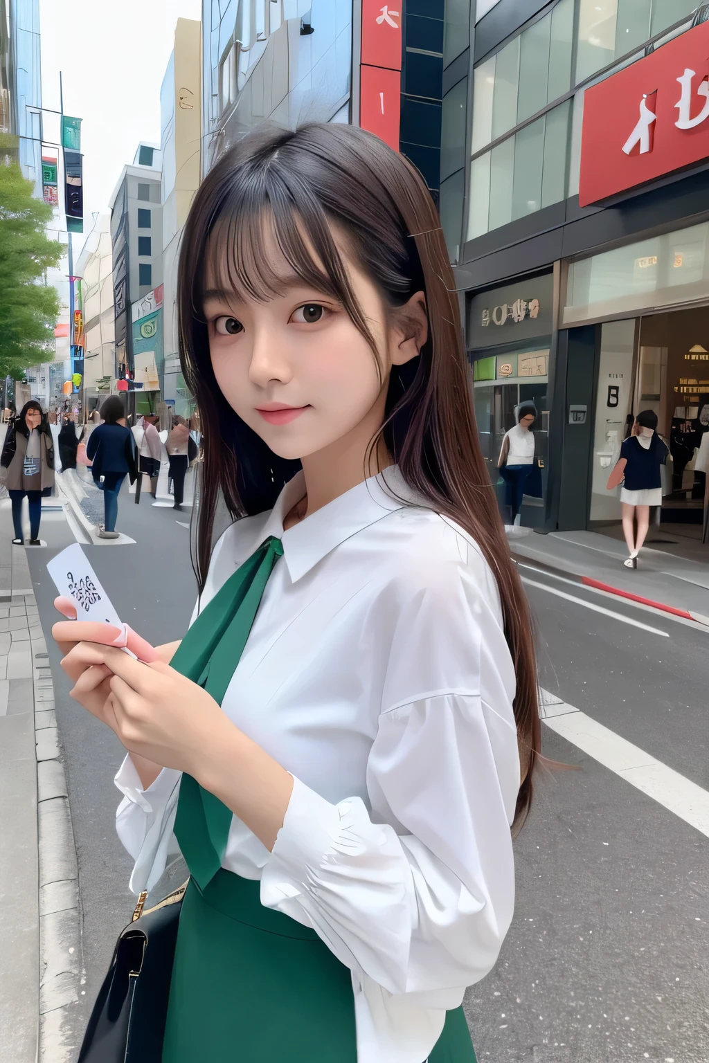 Ultra-realistic photo quality。Hold the card in your right hand、Super cute Korean idol-style Japanese college student。Wearing a white blouse。The background is the downtown area of Ginza。The card is credit card size。The card design、Green grass in the background、In the center is the shadow of a racehorse facing left.、Above that, the word UMACA is designed in white in the center.。