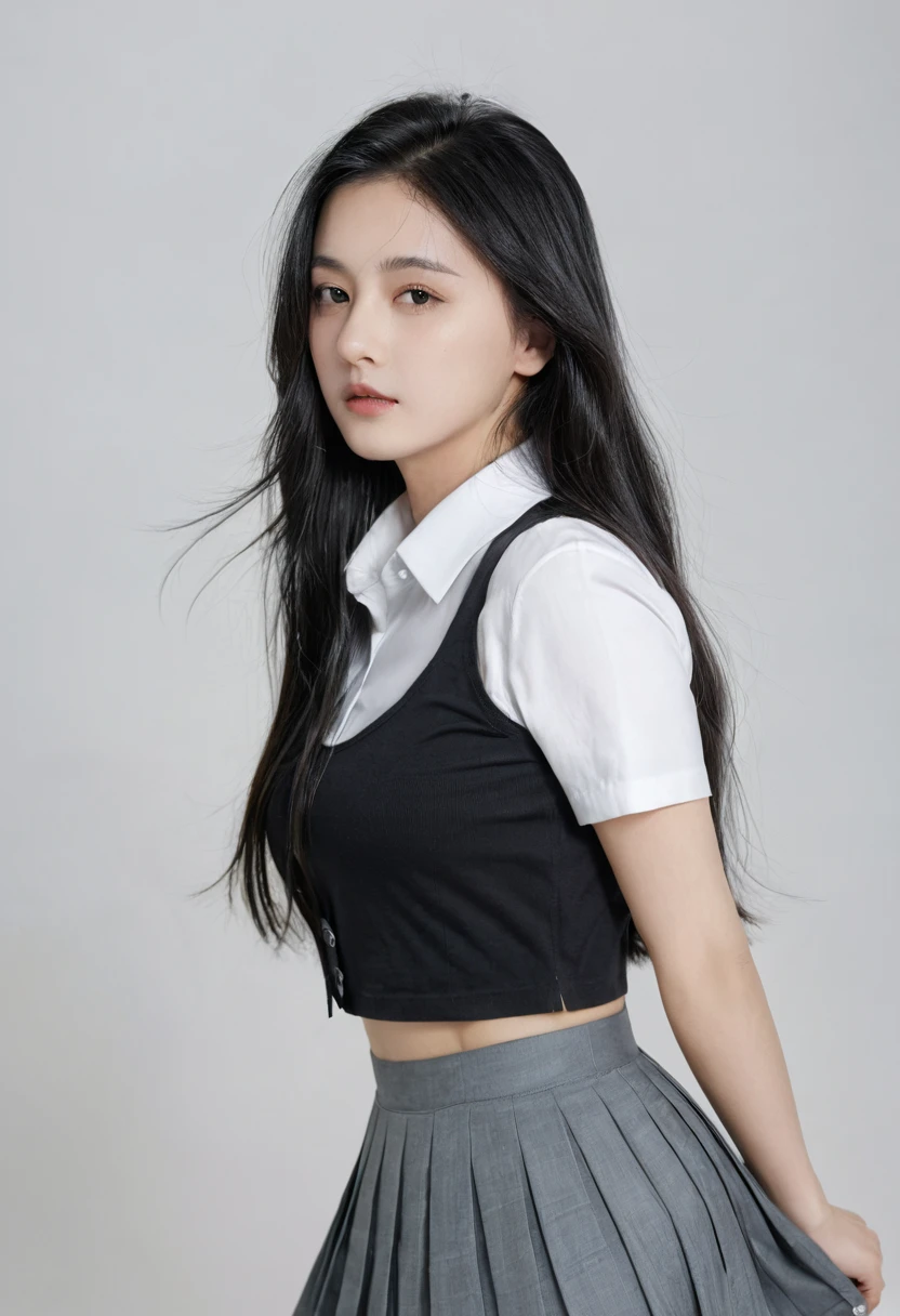 nipple, Visible from the white shirt (((masterpiece, best quality)), No, 1 girl, (Reality: 1.4), Solitary, White background, Black Hair, Long hair, Absolute area, skirt, ((whole body)),  