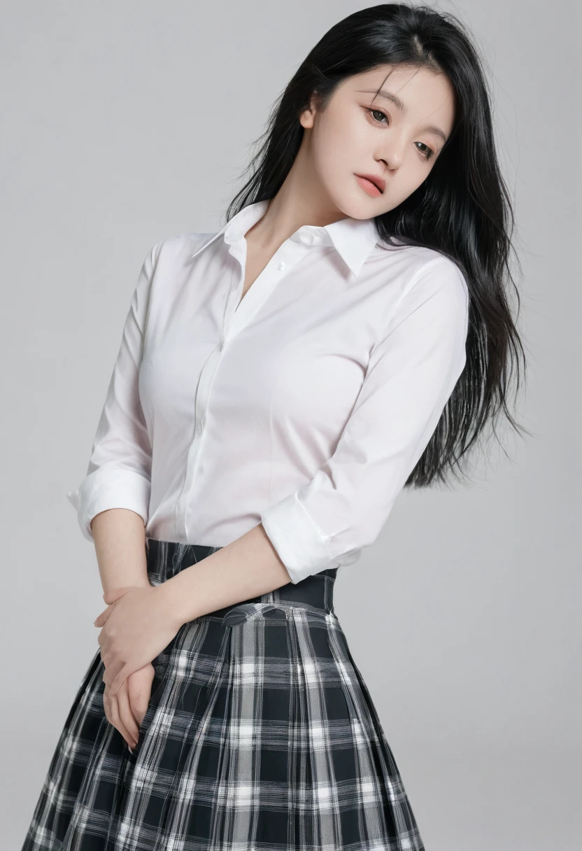 nipple, Visible from the white shirt (((masterpiece, best quality)), No, 1 girl, (Reality: 1.4), Solitary, White background, Black Hair, Long hair, Absolute area, skirt, ((whole body)),
