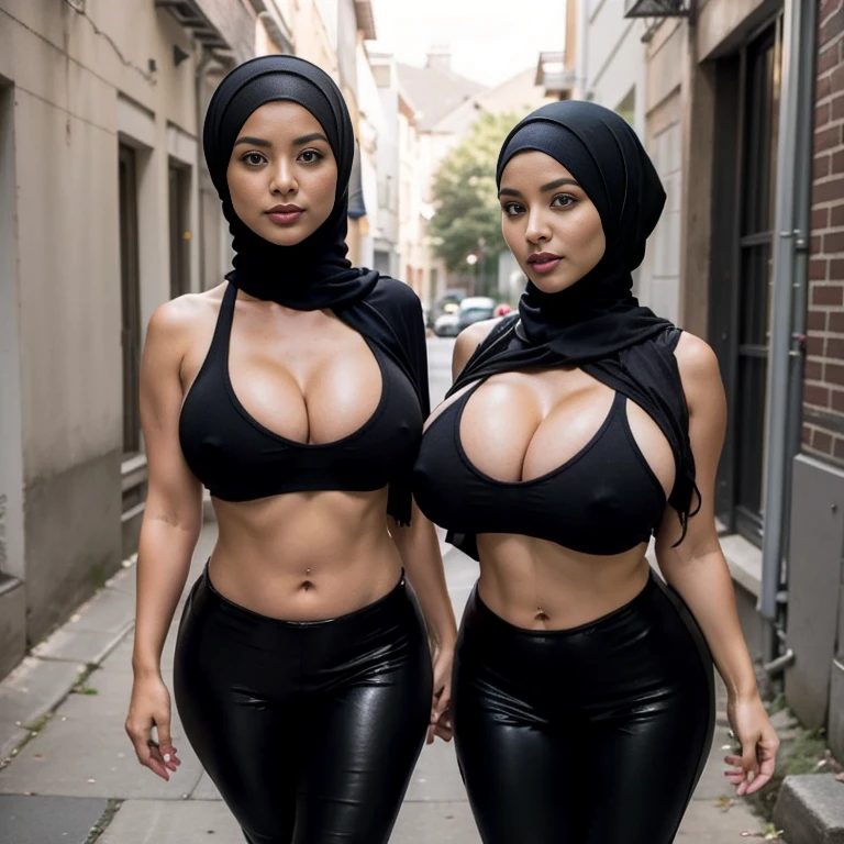 (portrait), side, In an unoccupied empty alley, two exceptionally voluptuous mature 35-year-old (hijabi) (Muslim) moms proudly (stood side by side showcasing their curves to viewer). Their (hijabi) (muslim) naughty faces radiate innocence and charm, captivating everyone who lays eyes on them. They share the same height and body proportions, adding to their mature synchronicity. Both moms confidently wear provoking vivid ((black tanktops with long leggings)) that showcase their sensual energy. Their long leggings give a sexy flair to their outfits, perfectly complementing their depraved personalities. Completing their stylish ensemble, they both wear matching tanktops, adding a touch of sensual fashion to their adorable appearance. their undeniable maturity and striking similarities create an lust-satisfying scene amidst the unoccupied empty alley, leaving a lasting impression on anyone who enters. (cleavage), (long leggings), ((parted legs)), ((bare belly))'s, ((both wearing hijabs)), both wearing black hijabs, both same height, both same body proportions, (seductive faces) (looking at viewer)