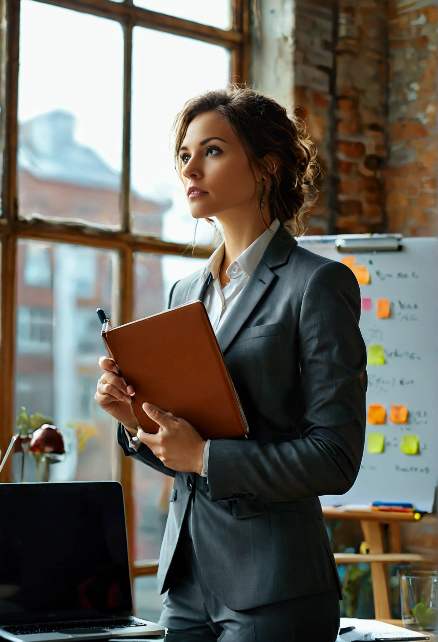 Create a realistic, dynamic portrait of a determined individual setting clear goals. The person should be standing in a modern office environment, exuding confidence and focus. They have a strong, determined expression on their face, with eyes that convey clarity and purpose. The individual is dressed professionally in business attire, such as a tailored suit or smart casual wear. They are holding a notebook or planner in one hand and a pen in the other, emphasizing their intent to write down their goals. The background includes elements like a desk with a laptop, a whiteboard with diagrams and notes, and large windows that allow natural light to flood the room, creating a bright and inspiring atmosphere. The lighting is natural and enhances the details of the person's features, highlighting their determination and focus.