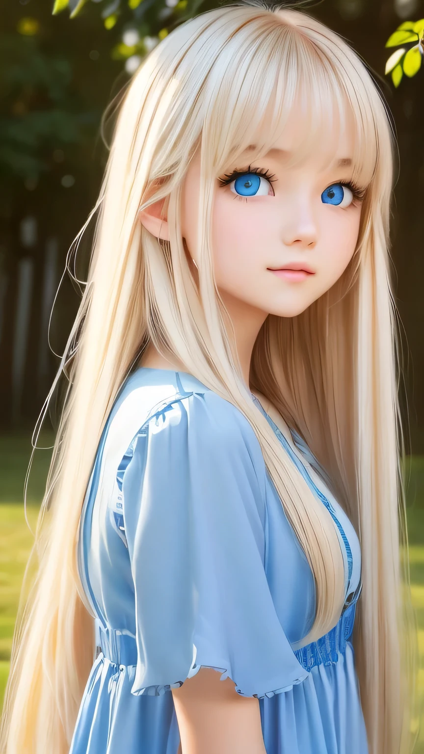 Very beautiful face、A beautiful girl、Super Long Hair、windy silky blonde super long hair、Swinging bangs、Cute sexy  blonde girl with light blue eyes、Hair above the eyes、片Hair above the eyes、Hair between the eyes、Big bright light blue eyes that shine so beautifully、eyeliner、Bright expression、