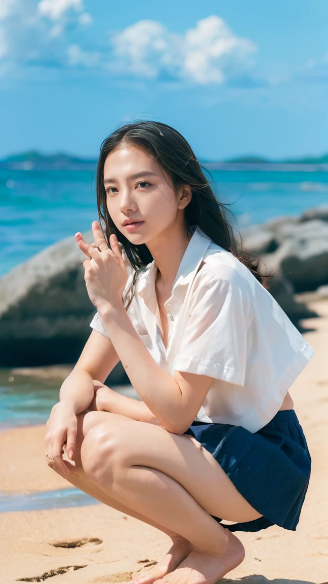 (((Top-down configuration:1.33)))、((No underwear:1.55))、One Girl、Beautiful and detailed eyes and face、barefoot、20 year old cute Japan woman, ((Extremely precise and accurate anatomy:1.0)), (photo Realistic:1.4), (hyper Realistic:1.4), (最高品質のRealisticな肌の質感:1.4), (Improvement of quality:1.4), (Enhances the beauty of skin texture:1.1), Clean and glowing skin, mesh, thin:1.2, (Realistic:1.3), Realisticなライティング, (Smoother lighting:1.05), (Improving the quality of cinema lighting:0.9), Backlight, A gentle light on your face, Ray Tracing, (Bright light:1.2), 32k, One Japanese woman, fine grain, Detailed face, (Film Grain:1.1),(Accentuates body lines:1.1), High resolution, Natural look, Kind eyes, Improves hair quality, Delicate light and shadow, Transparent muscles, Graceful pose, Beautiful Eyes, Sharp details, Soft light reflection, Beautiful contours, Delicate skin tone, Fine hair texture, Natural background, (((sunny day、Beach、A strong wind is blowing、Her hair and skirt are flying、Squat, Traditional navy blue sailor uniform、Open shirt、Pleated skirt、Scooping seawater with hands:1.25、splash、Sandy Beach、Light of the sun、clear blue sea、The waves crash quietly、Blue sky and white clouds、green mountain々、Beautiful Nature、The joys of youth)))、