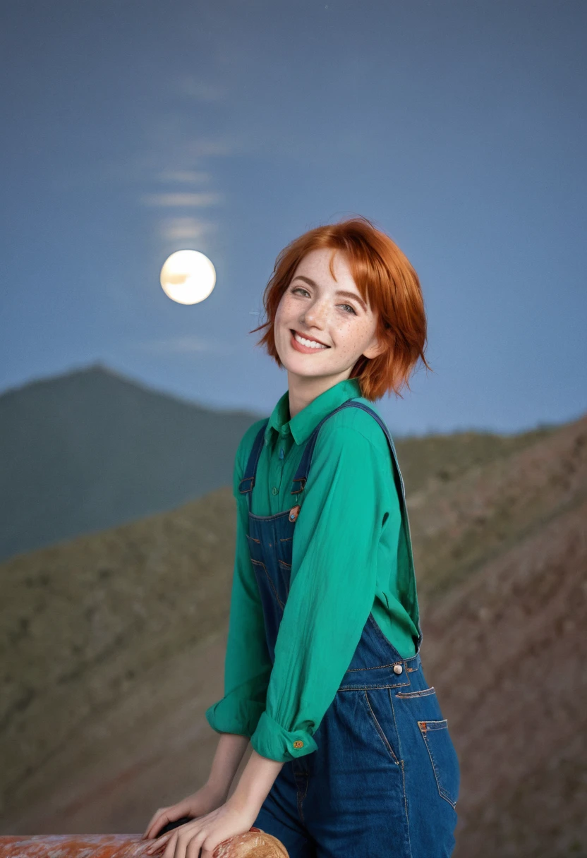 1 Girl, sxfrances, short hair, Orange Hair, Green Eyes, freckle, Smile, red overalls, Blue shirt, Roll up your sleeves, Mountain, moon, (night:1.5), Looking at the audience